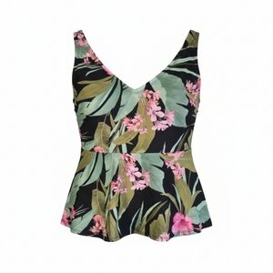 Kona Sol Floral Print Tankini Top Black and Pink Size Small